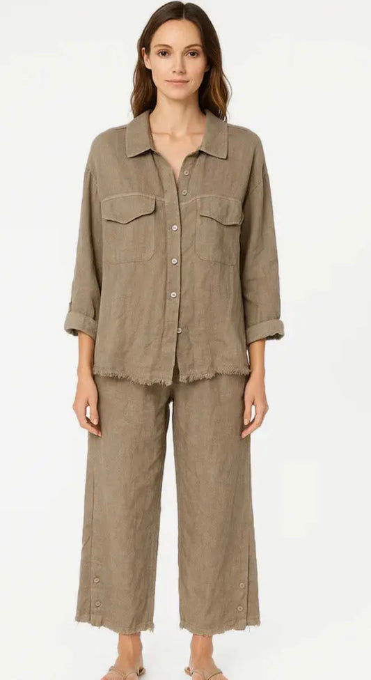 Marisima Made in Italy Linen Ankle-Slit Button Pants