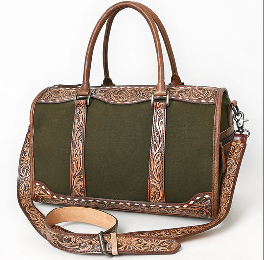 American Darling Hand-Tooled Western Leather Duffel Bag Floral Cowhide Travel Satchel