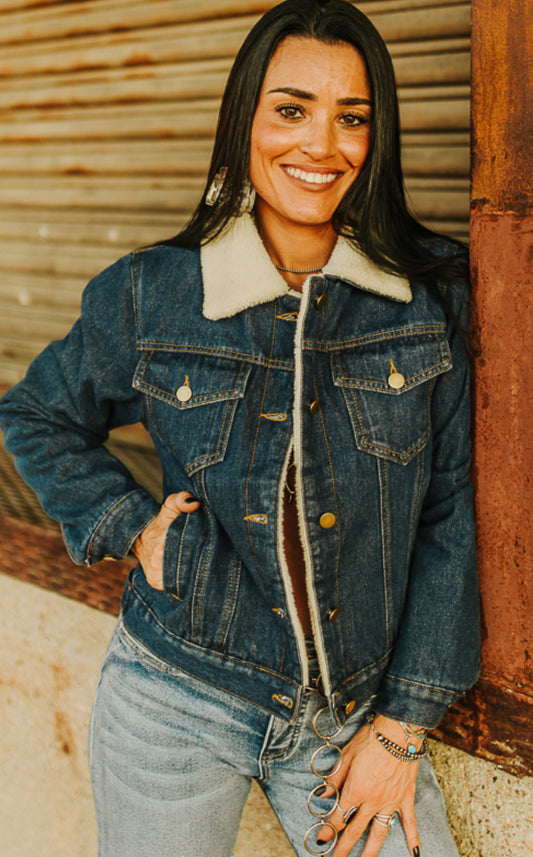 Mid Wash Sherpa Lined Collared Concho Button Denim Jacket