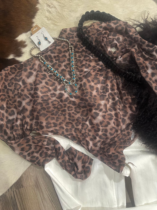 Leopard Print Mesh Top LS
