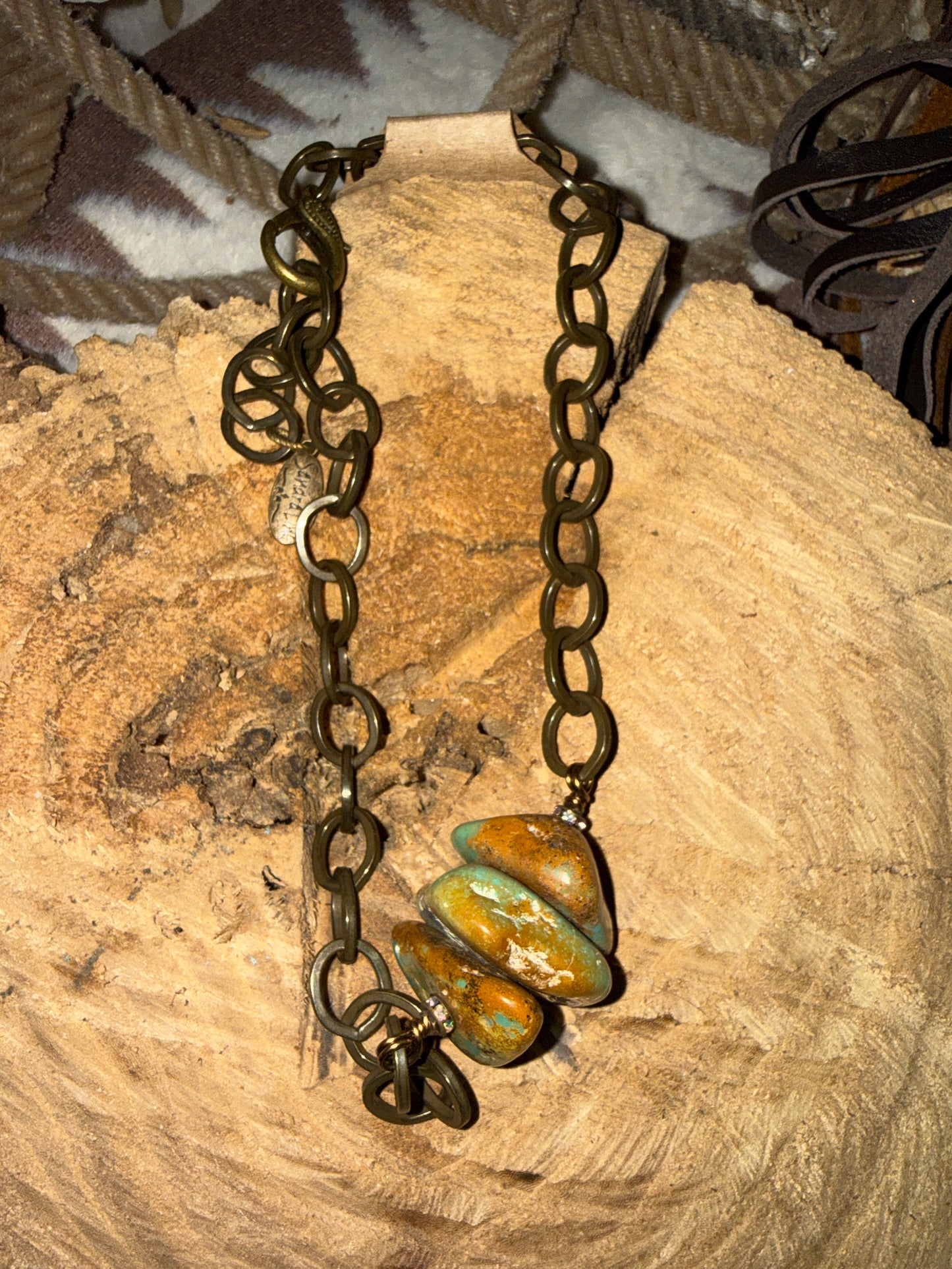 Authentic Large Turquoise Nuggets Bar Necklace with Bronze Chain Adjustable 20”