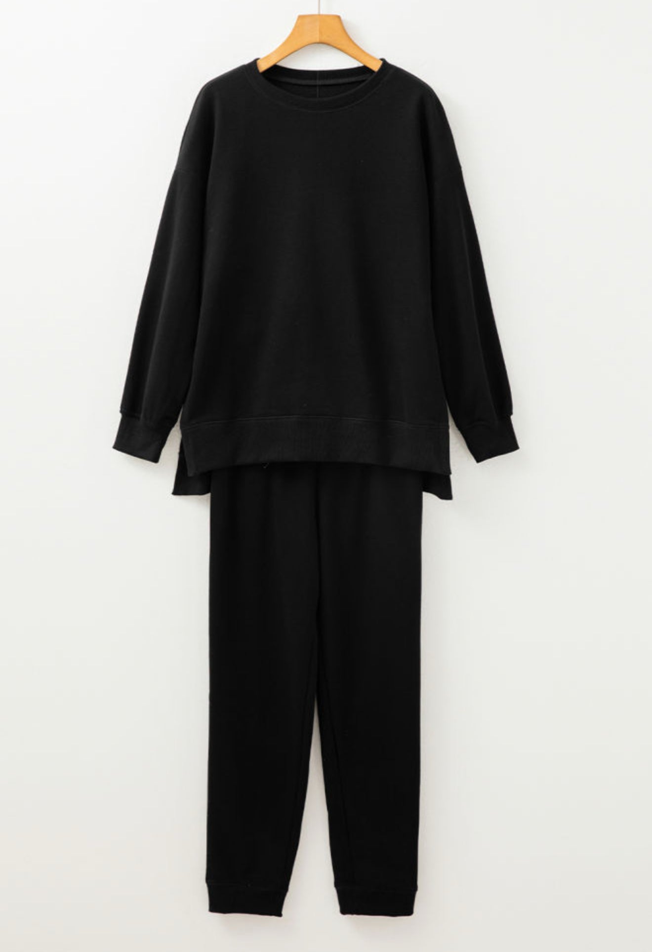 Plus Size - Black Solid Color High Low Pullover and Skinny Pants Set