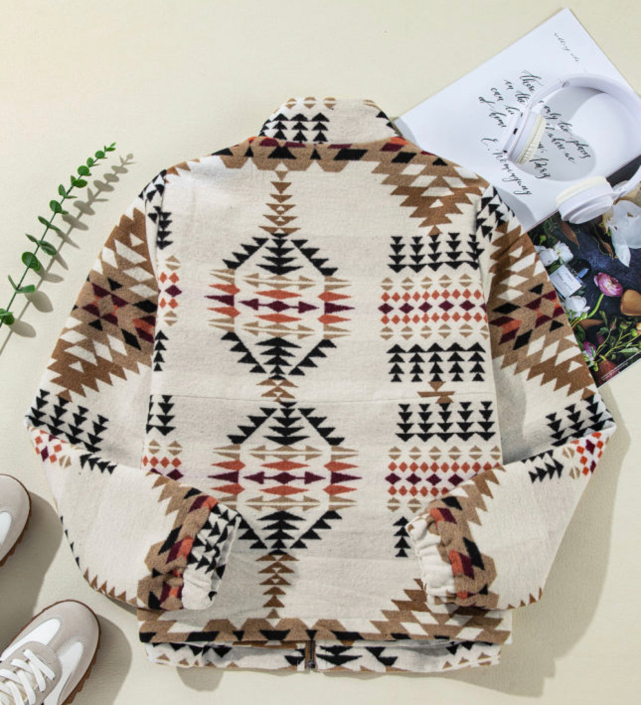 Beige Aztec Printed Stand Neck Zip Up Jacket