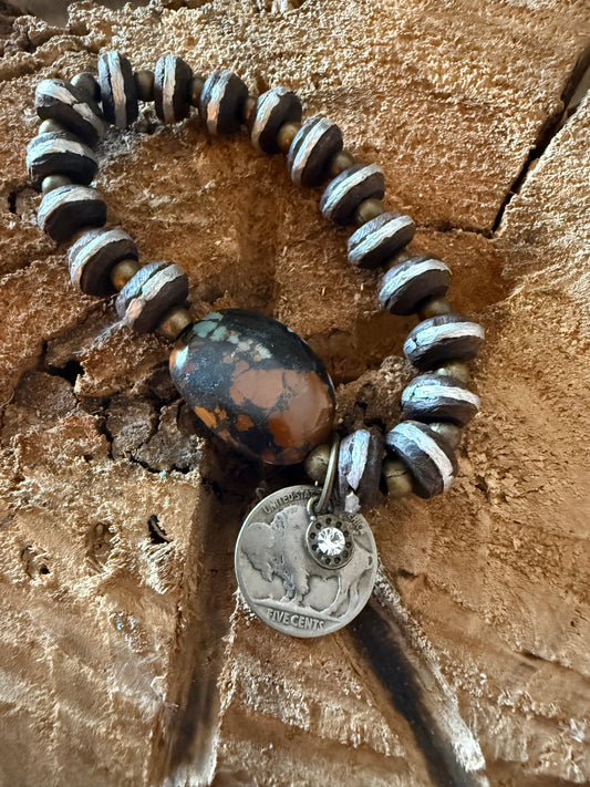 Aged Steel Bead with Stone and Buffalo Coin Stretch Bracelet