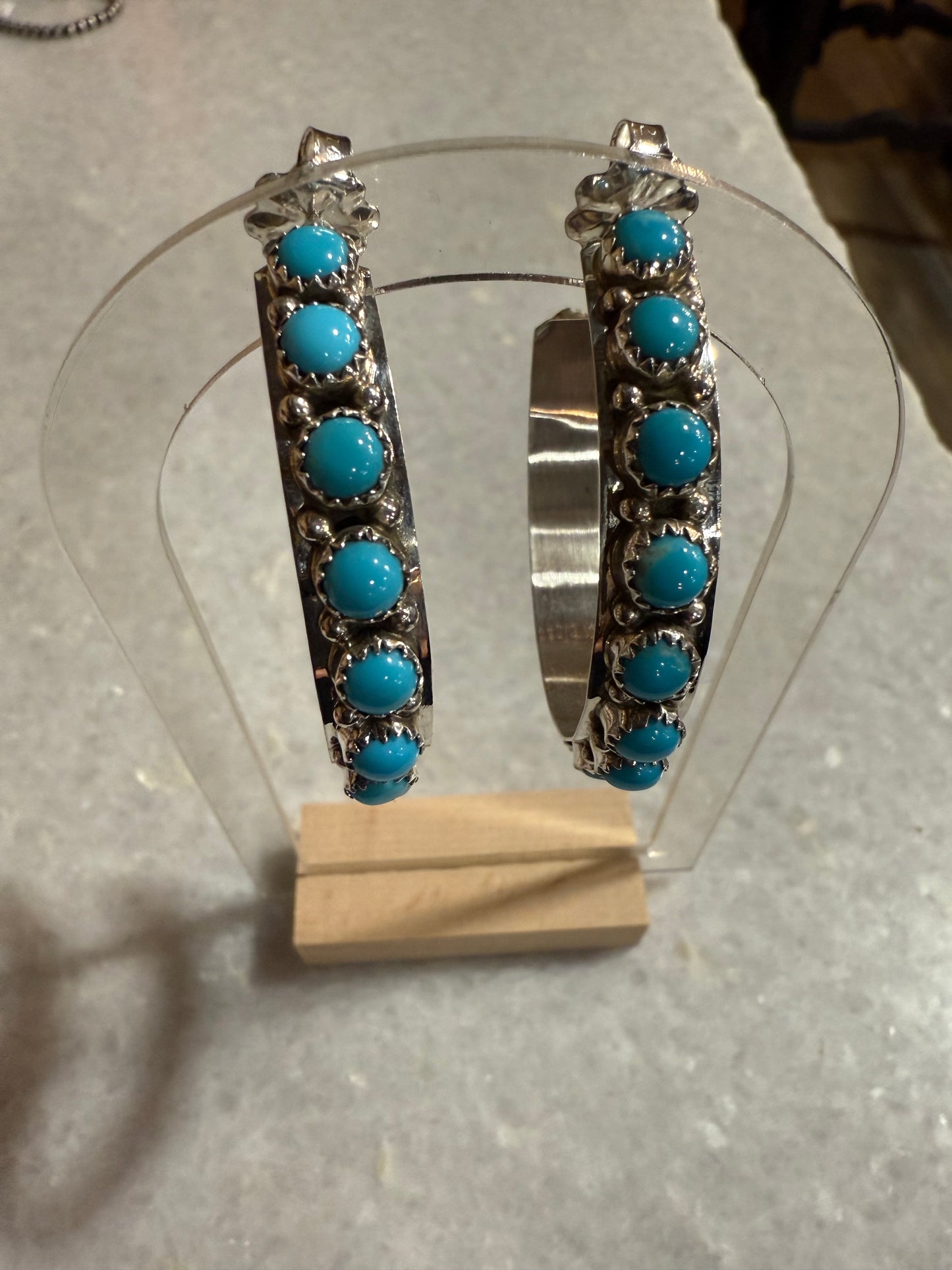 Navajo Handmade Marked Sterling Silver Turquoise Hoop Earrings 2” P Spencer