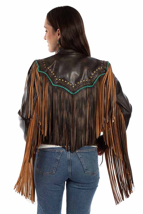 Scully Ladies Vintage Black Leather Fringe Bomber Jacket