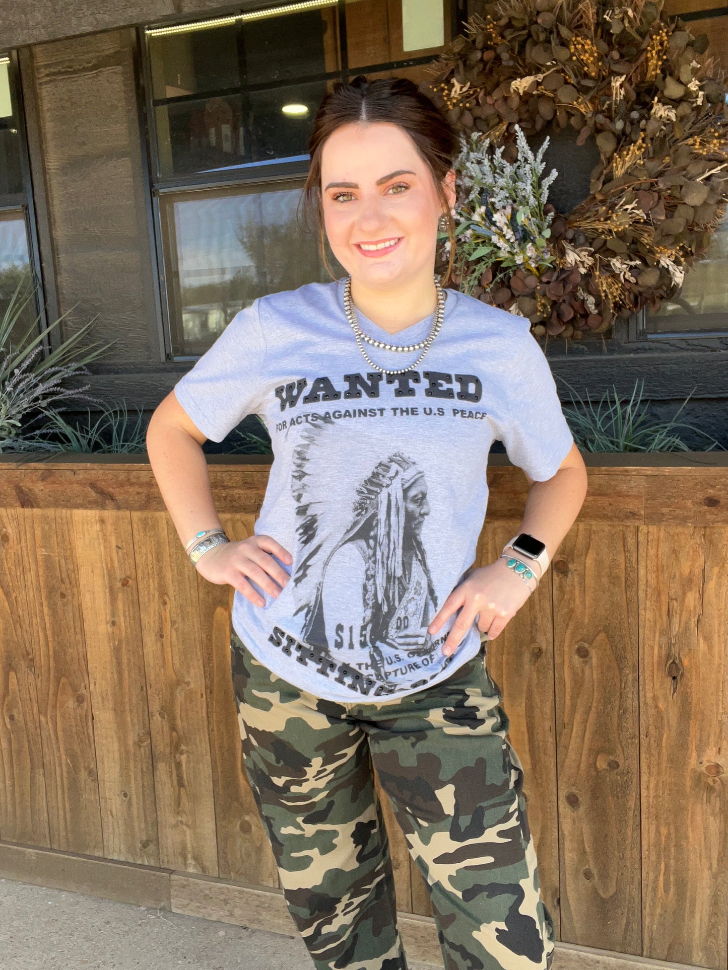 Chief Sitting Bull WANTED T-Shirt Rhinestone Embellished V-Neck