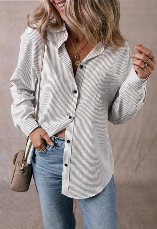 Stripe Roll-tab Sleeve Pocketed Long Shirt