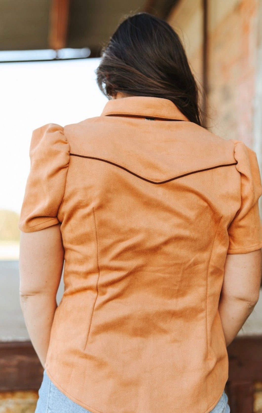 Lucky and Blessed Camel Suede Contrast Arrow Pearl Snap Puff Sleeve Top