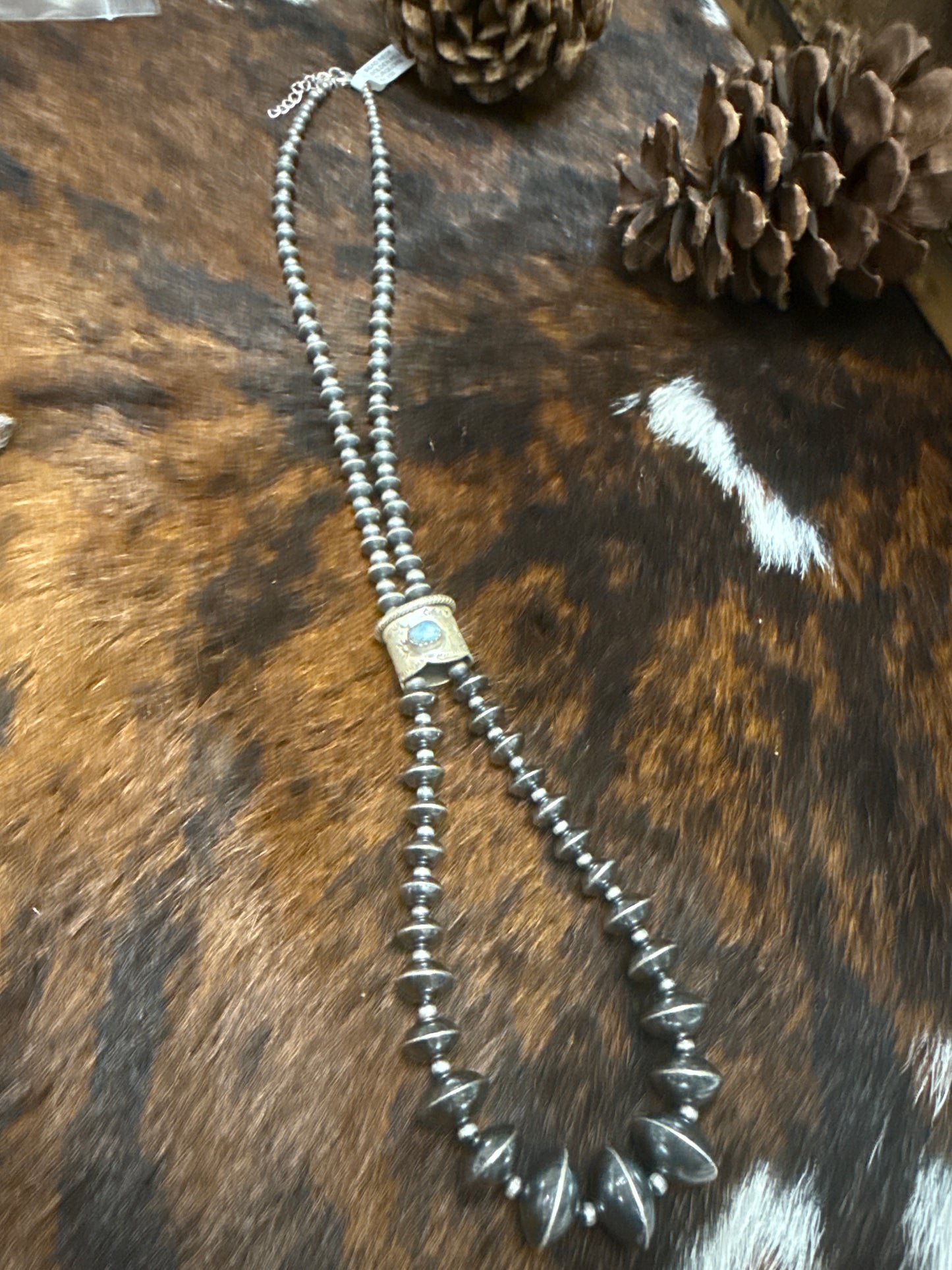 Sterling Silver Handstrung Marked JACLA Bead Necklace Golden Hills Turquoise