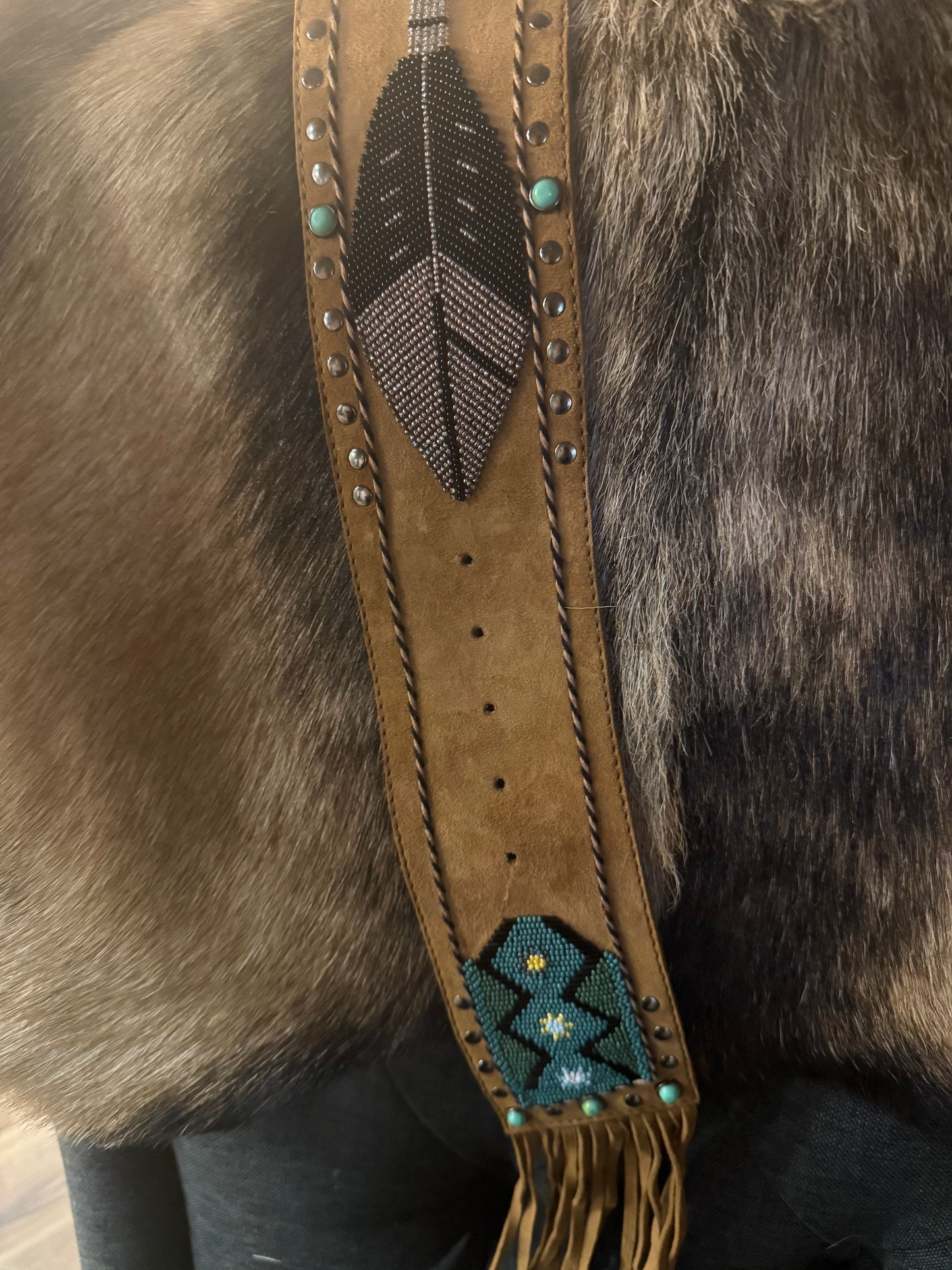 Tasha Polizzi Leather Hand Beaded Feather Turquose  Belt w/ Brads and Turquoise