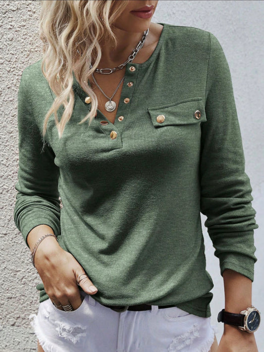 Mist Green Long Sleeve Snap Button Henley Sweater Top
