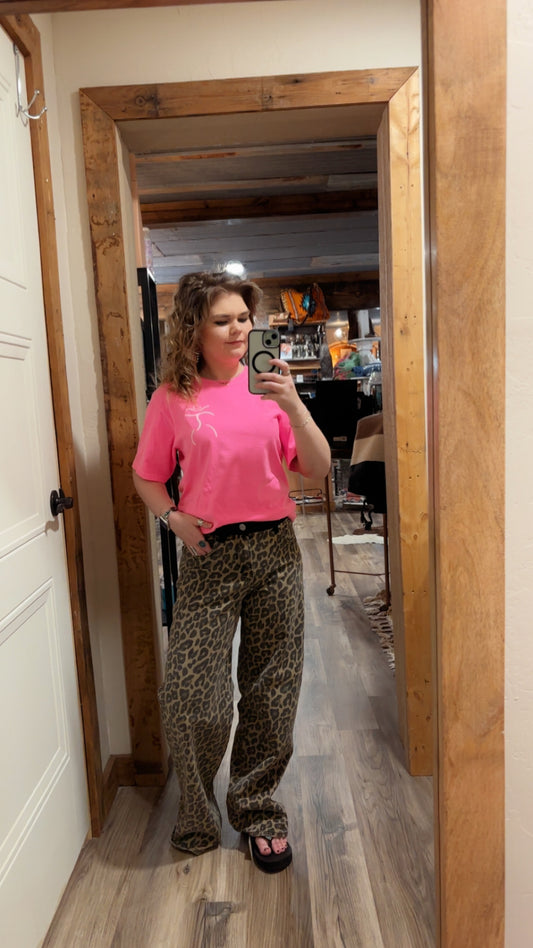 Risen High Rise Wide Leg Leopard Print Pants