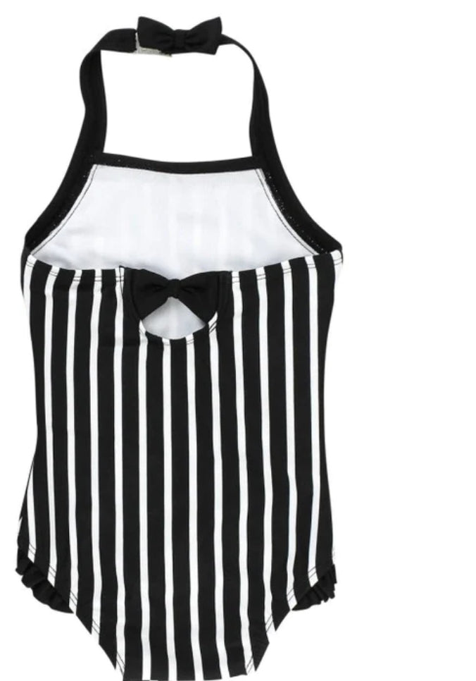 RuffleButts | Halter One Piece Swimsuit ~ Black and White 12-18m