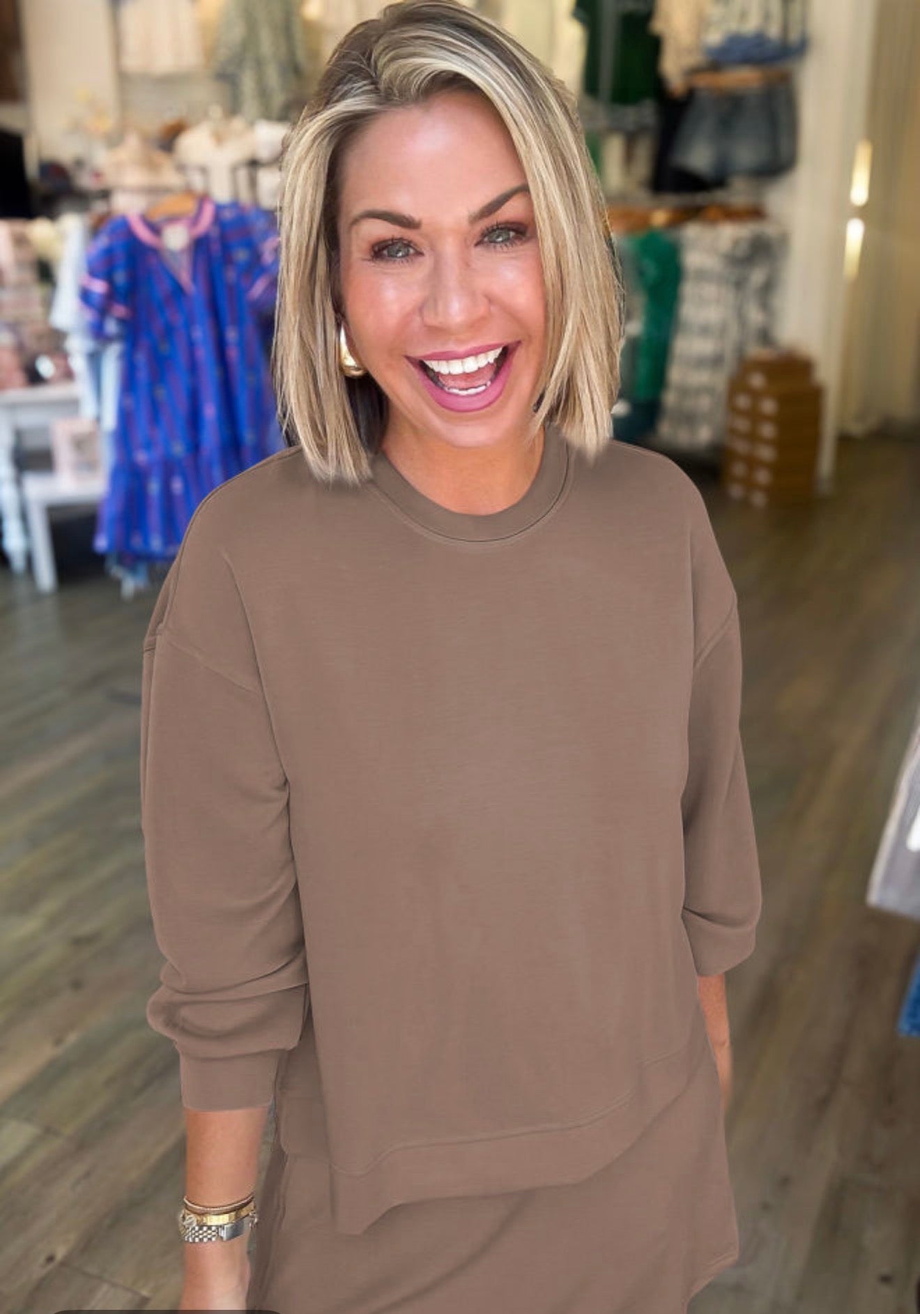 Coffee Solid Color Drop Shoulder Pullover Mini Skirt Two Piece Outfit