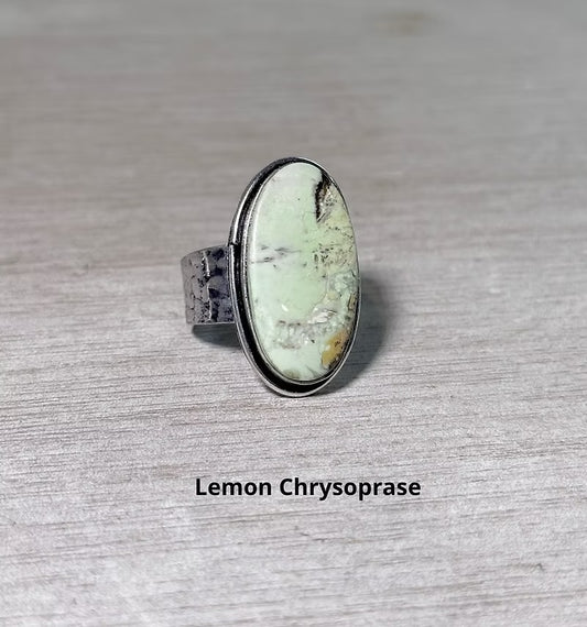 Kashi Semiprecious Large Stone Adjustable Rings Lemon Chrysoprase