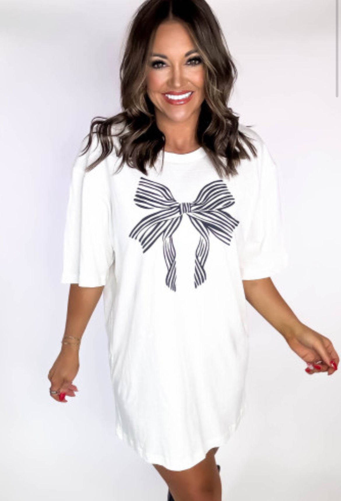 White Striped Bow Knot Half Sleeve Tunic T Shirt
