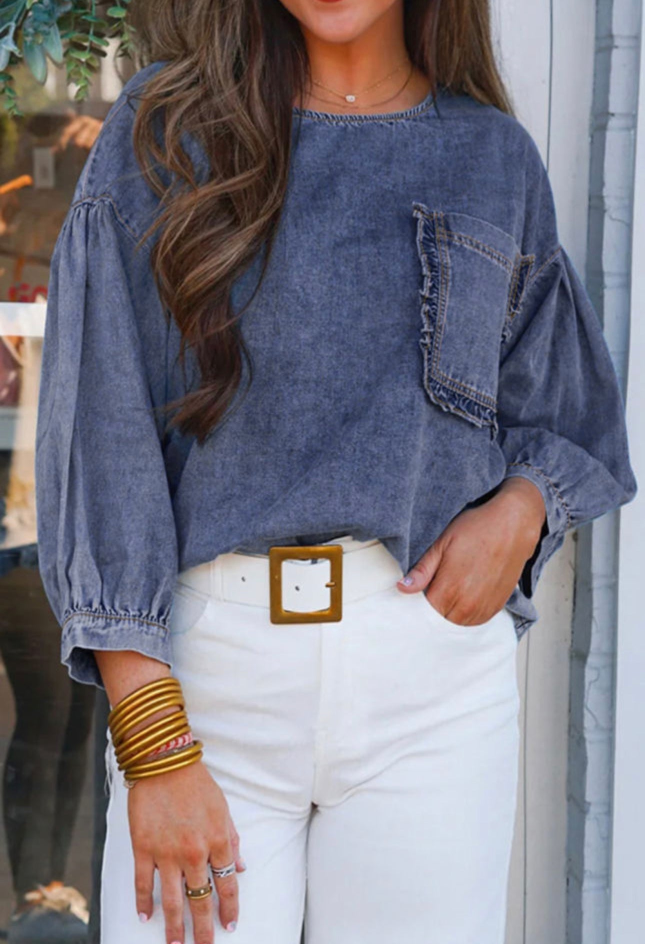 Sky Blue 3/4 Sleeve Ruffled Patched
Pocket Denim Blouse