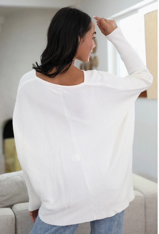 Nostalgia One Size V Neck Rib Sleeve Hi Lo Pullover Sweater