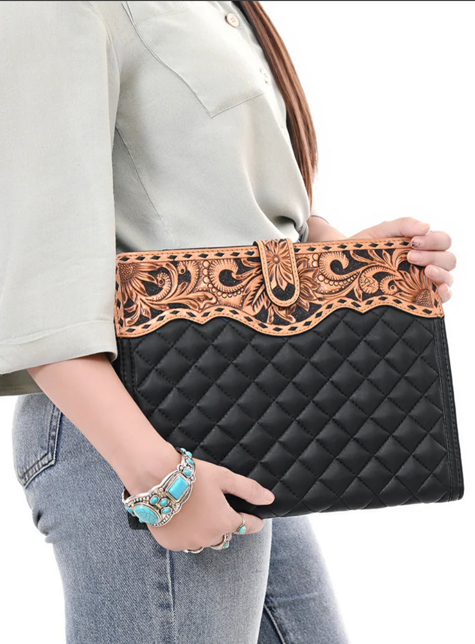 American Darling - Black Quilted Portfolio Hand Tooled Genuine Western Leather Women Bag