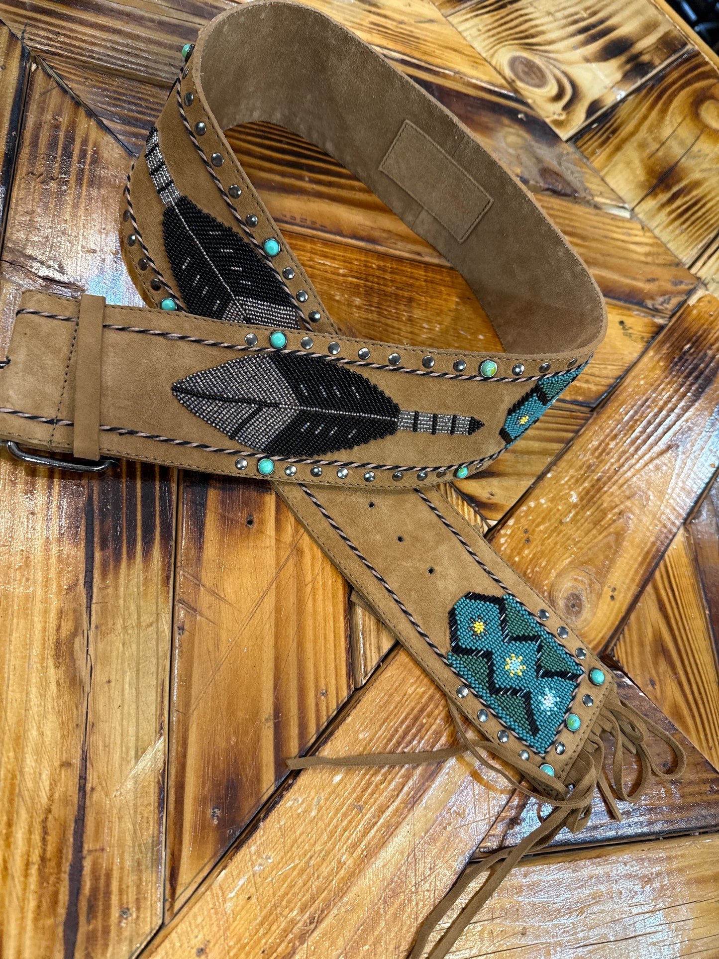 Tasha Polizzi Leather Hand Beaded Feather Turquose  Belt w/ Brads and Turquoise