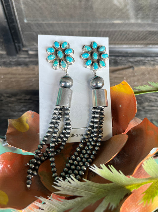 Handmade Sterling Silver Kingman Turquoise Tassel Earrings