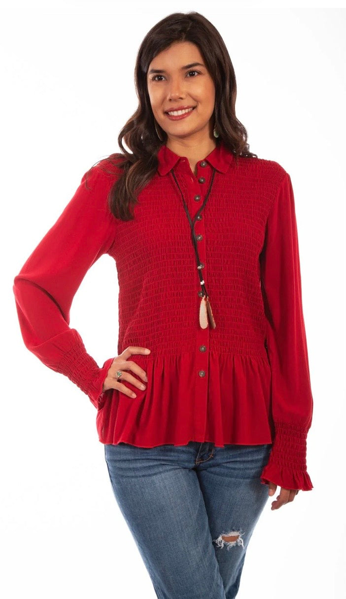 Scully Red Smocked Button Up Blouse