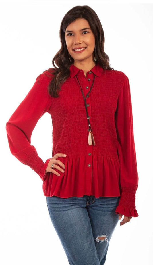 Scully Red Smocked Button Up Blouse