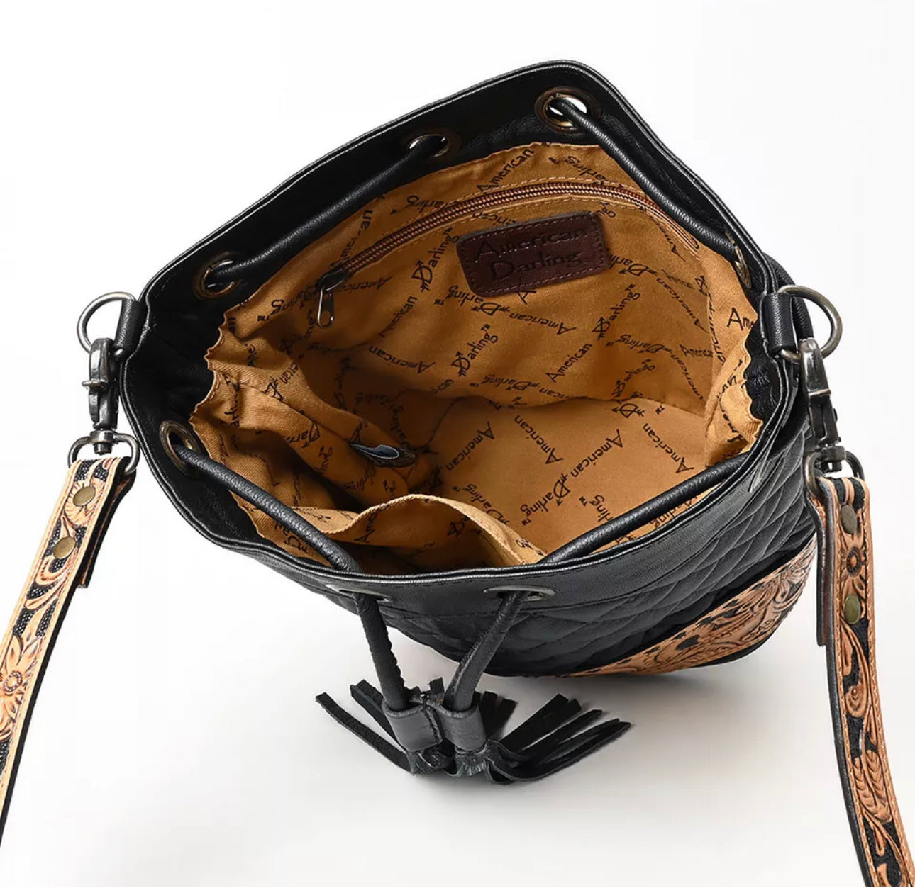 American Darling - Black Quilted Bucket Hand Tooled Genuine Leather Women Bag