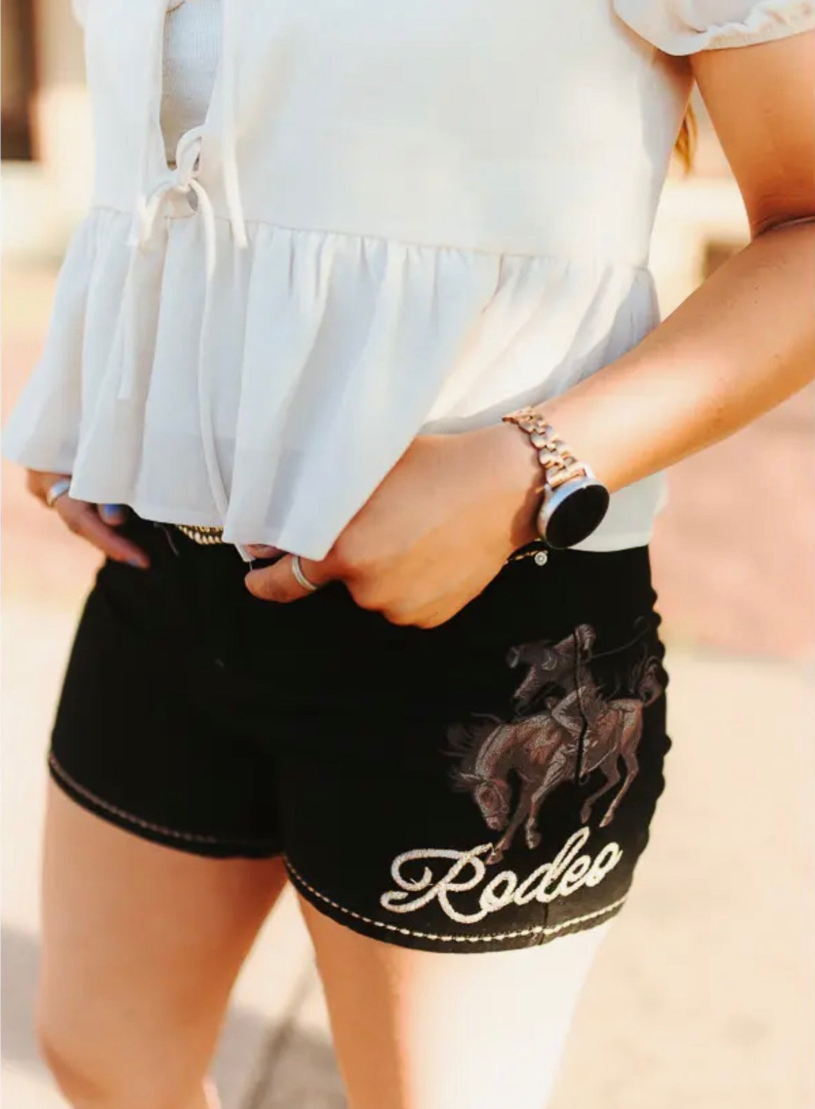 Black Rodeo Buck-Stitch
Printed Stretch Denim Shorts
3in