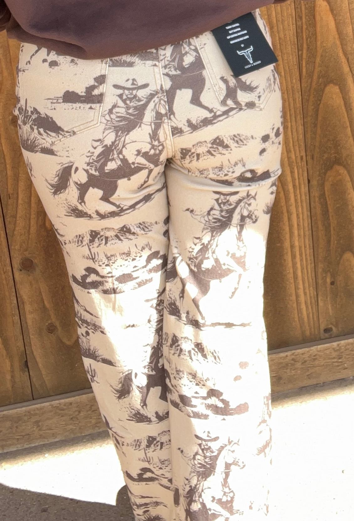 Beige Cowboy Print Jeans