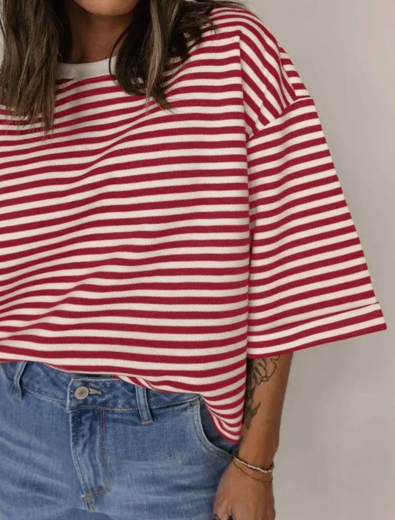 Red Striped Knit Crew Neck Top with Back Bow Tie Detail
