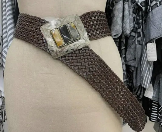 Brown Braided Leather Belt with inset Bone