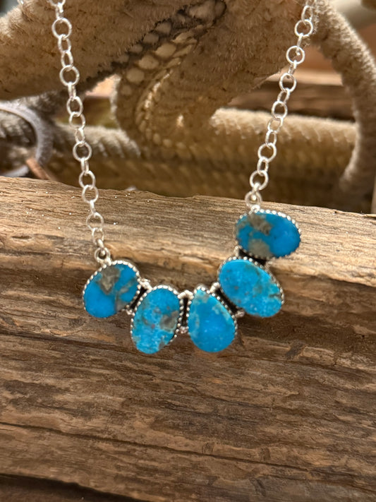 Sterling Silver Handmade Kingman Turquoise 5 Stone Bar Necklace
