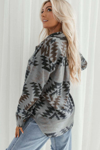 Unisex Gray Western Aztec Print Drop Shoulder Casual Shacket