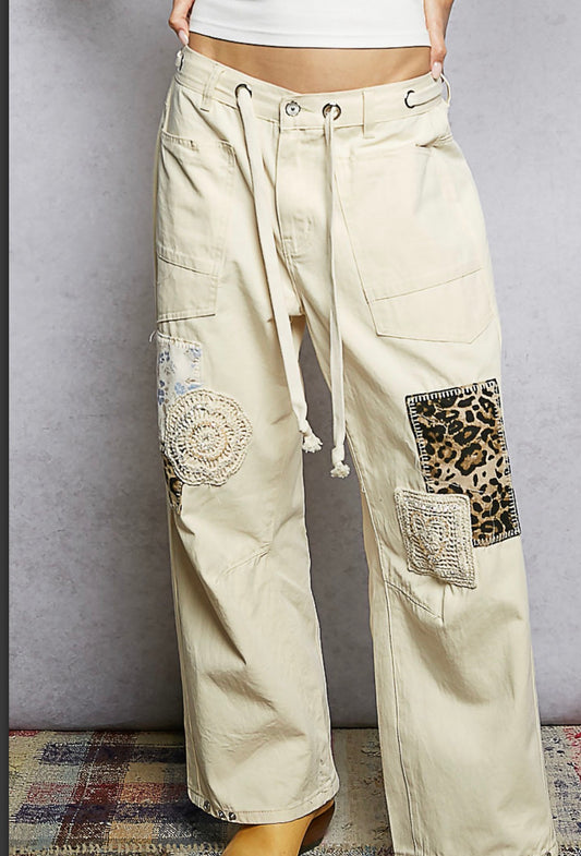 Straight-fit Draw String Patchwork Denim Pants