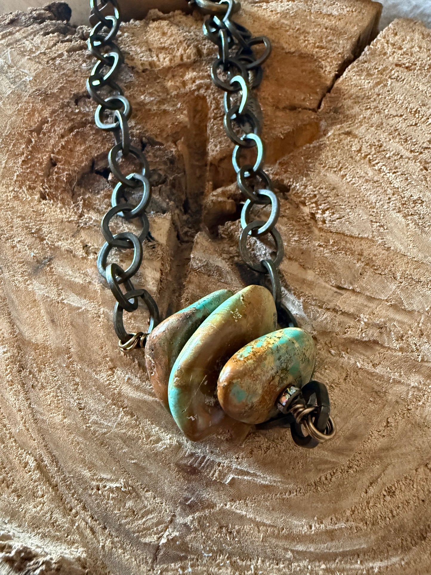 Authentic Large Turquoise Nuggets Bar Necklace with Bronze Chain Adjustable 20”