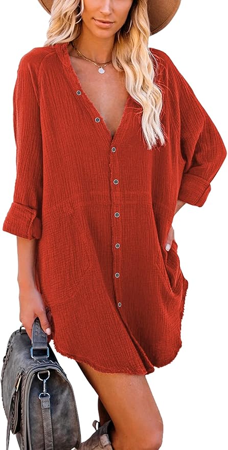 Women's Long Sleeve Beach Cover-ups Button Down Oversized Tunic Dress Shirt Boho Dresses with Pockets