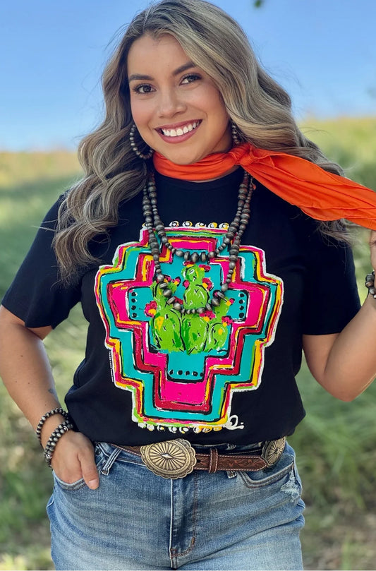 Texas True Callie Ann Stetler Aztec With Cacti Boyfriend Tee