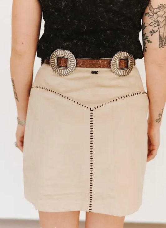 Beige Vintage Stretch Suede Contrast Western Skirt