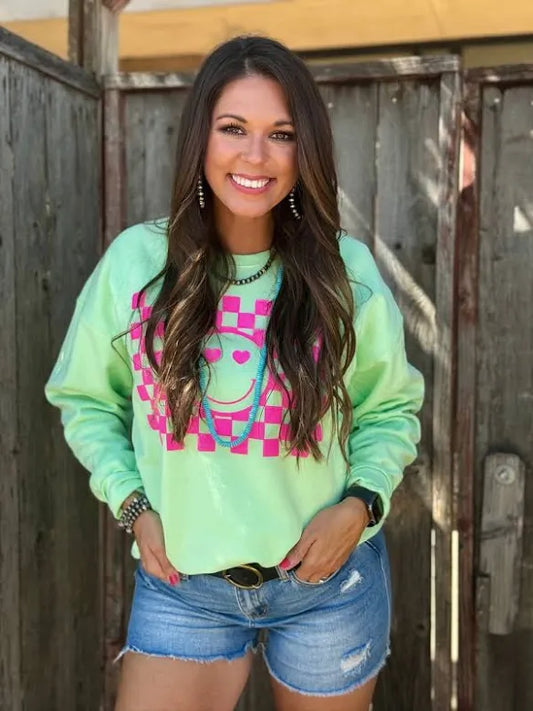 SMILEY FACE IN PINK PUFF INK SWEATSHIRT