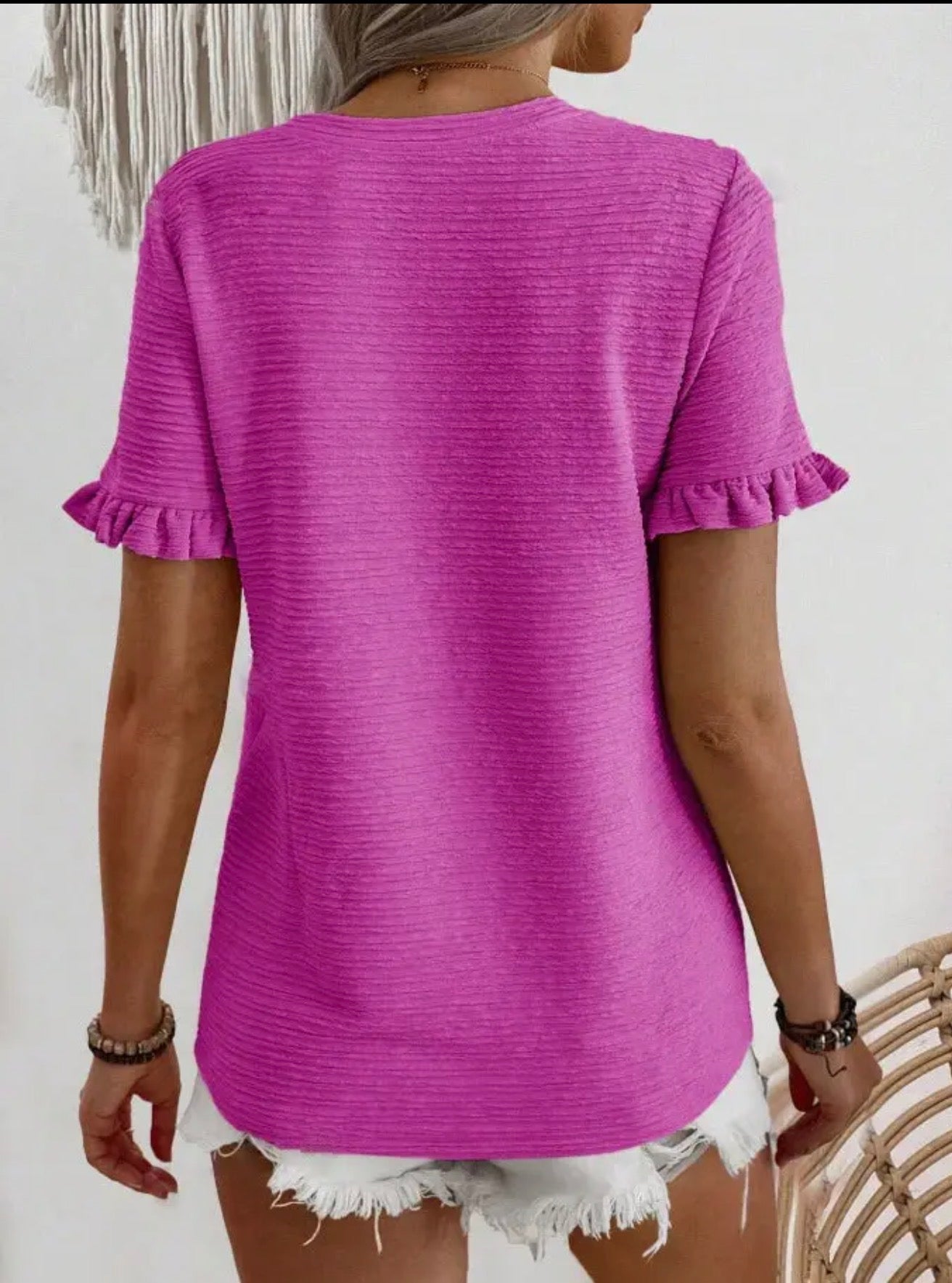 Ruffle Sleeve Round Neck Textured Top