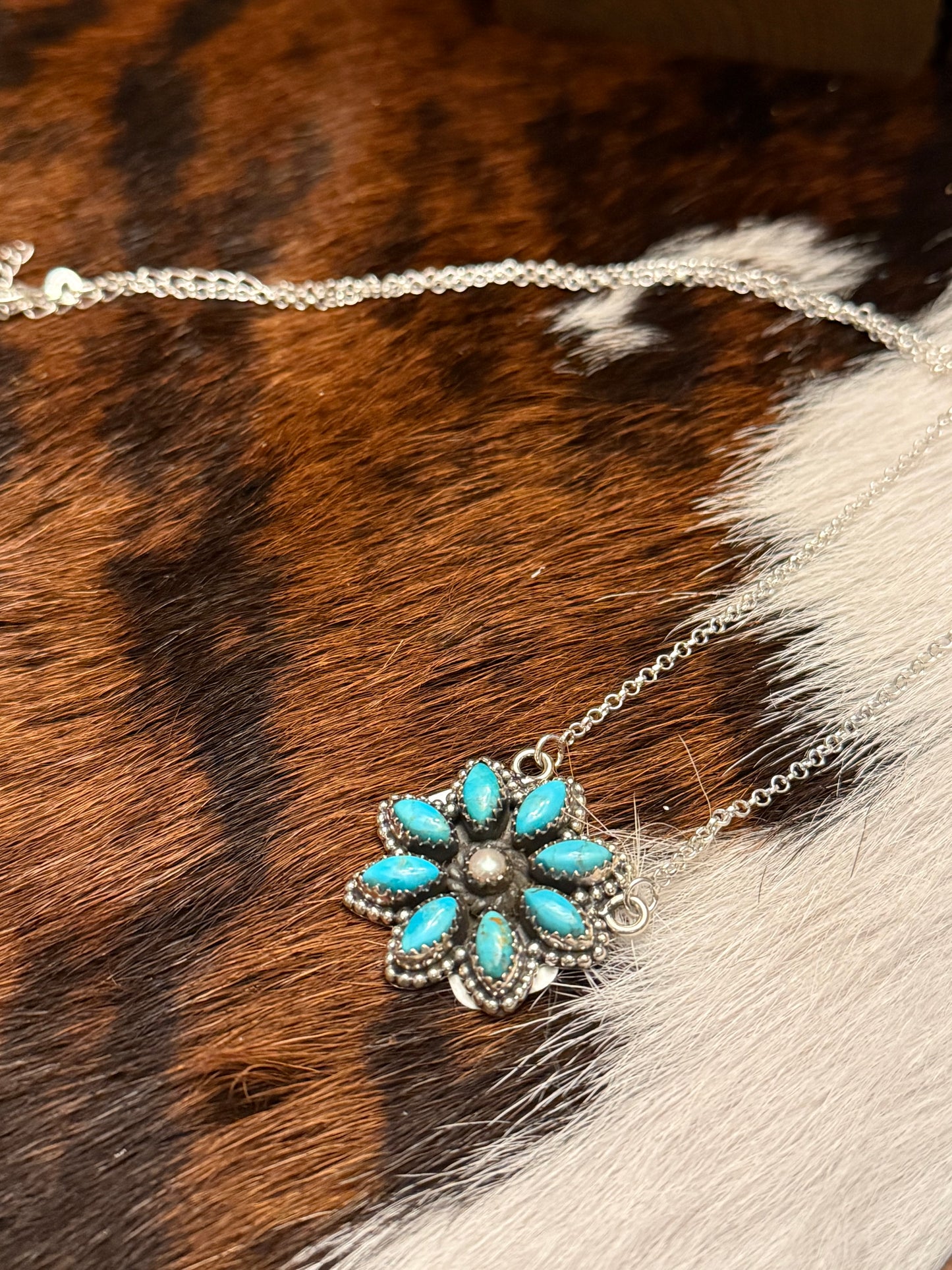 Sterling Silver Handmade Kingman Turquoise Flower Necklace