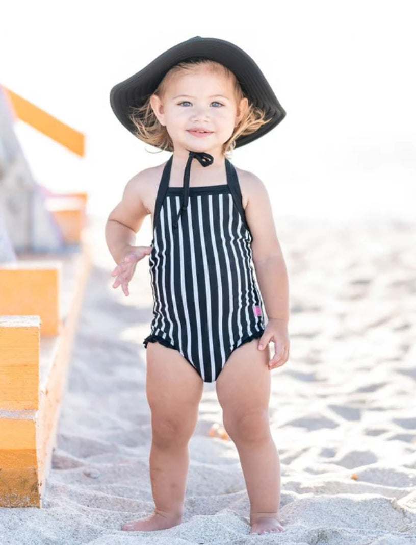 RuffleButts | Halter One Piece Swimsuit ~ Black and White 12-18m