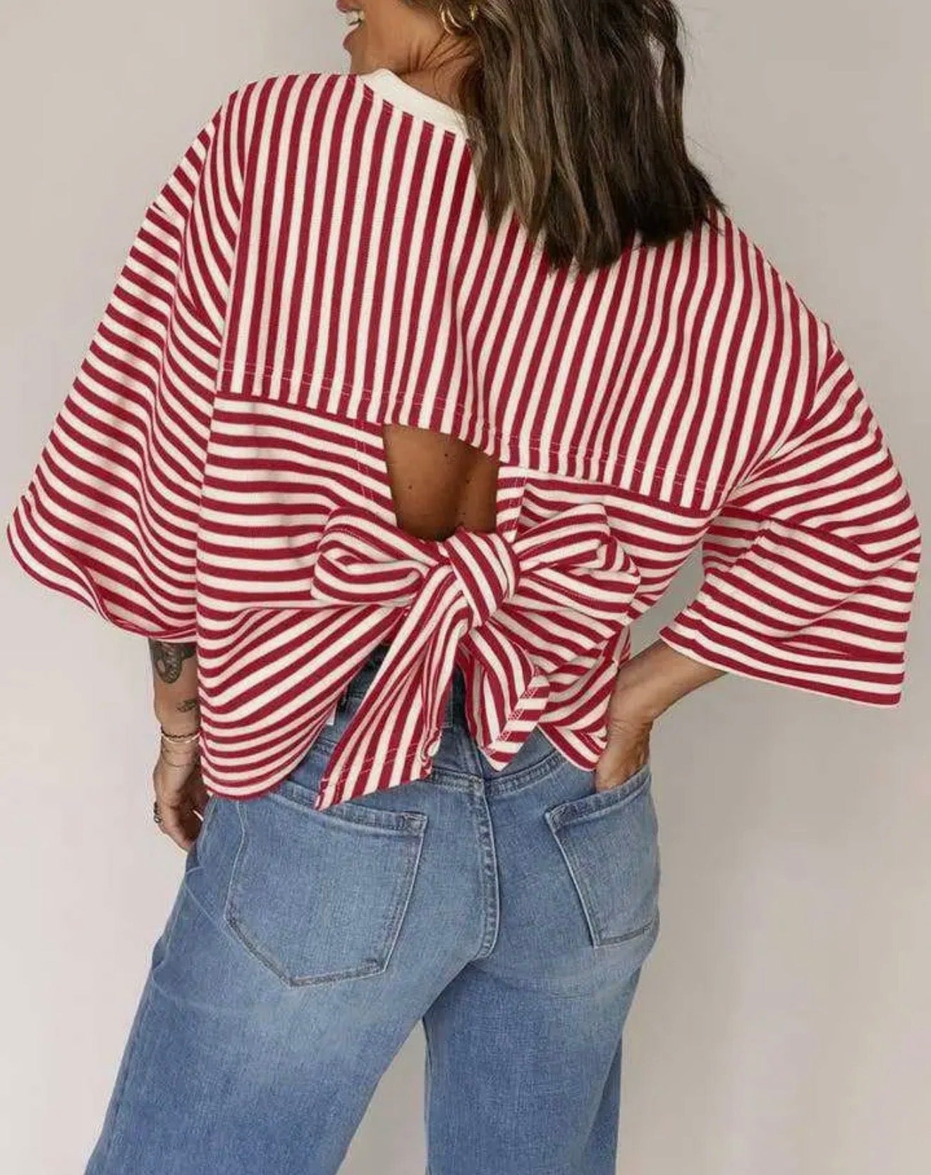 Red Striped Knit Crew Neck Top with Back Bow Tie Detail