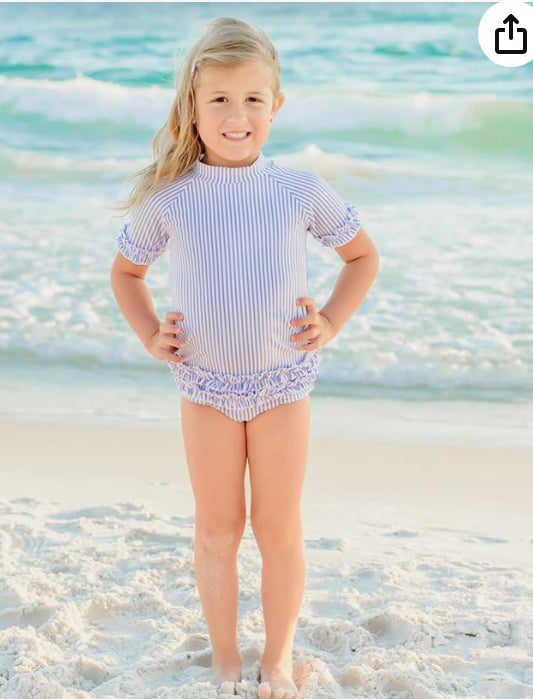 RuffleButts® Baby/Toddler Girls Rash Guard Short Sleeve 2-Piece Swimsuit Set - Polka Dot Bikini with UPF 50+ Sun Protection 18-24m