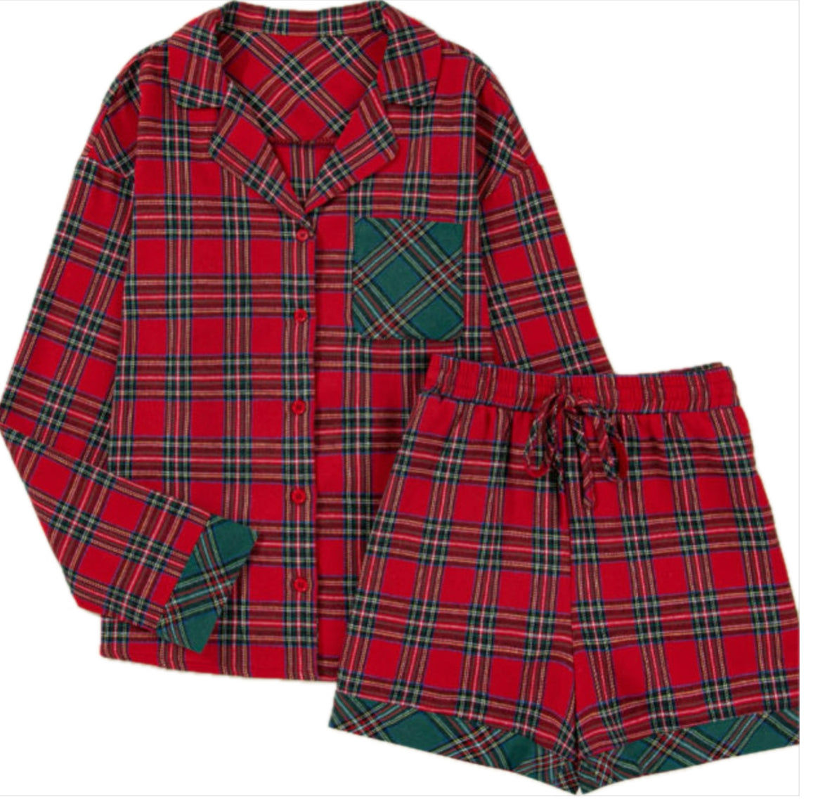 Red Plaid Christmas Long Sleeve Shirt and Shorts 2pcs Flannel Pajama Set