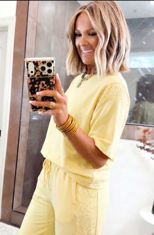 Yellow Cream Lace Patchwork Half Sleeve Top Elastic Waist Pants Two Piece Set