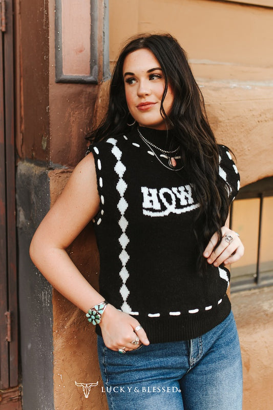 BLACK IVORY KNIT HOWDY STITCHED SLEEVELESS SWEATER VEST