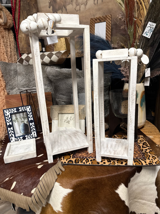25" and 20” Distressed White Wood Lanterns With a Bead Handle by Mud Pie